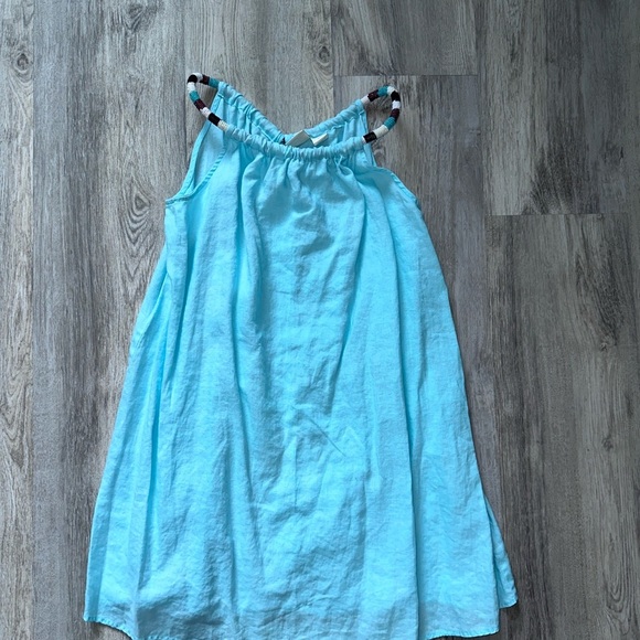 St. Tropez aqua blue 100% linen dress with beaded halter neck - Picture 2 of 7